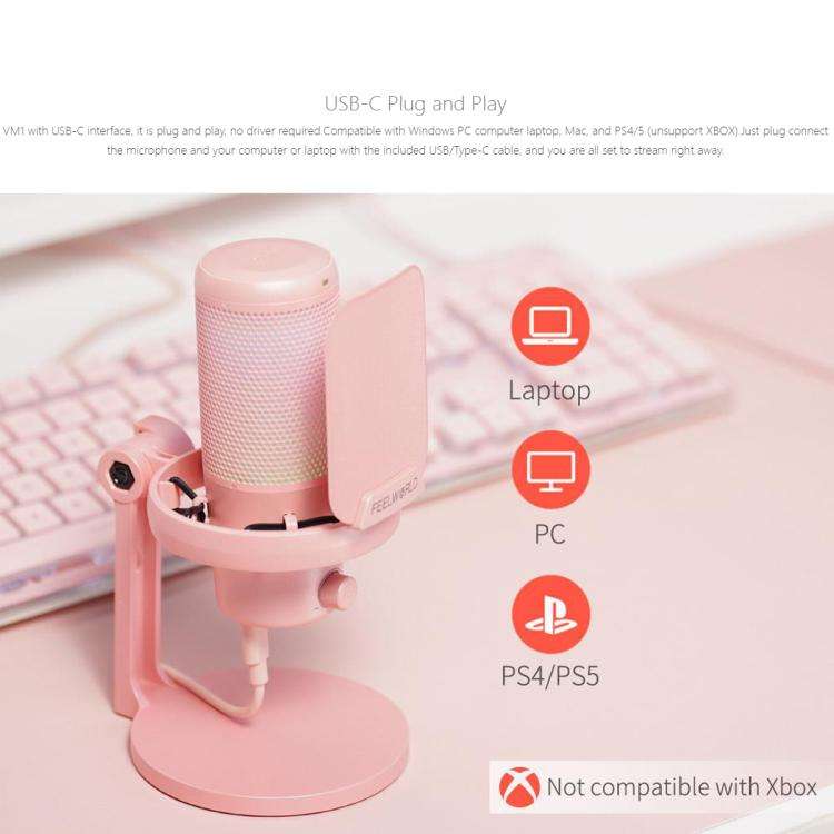 FEELWORLD VM1 USB Condenser Gaming Microphone for Streaming Noise Cancellation Mute RGB Light Des...