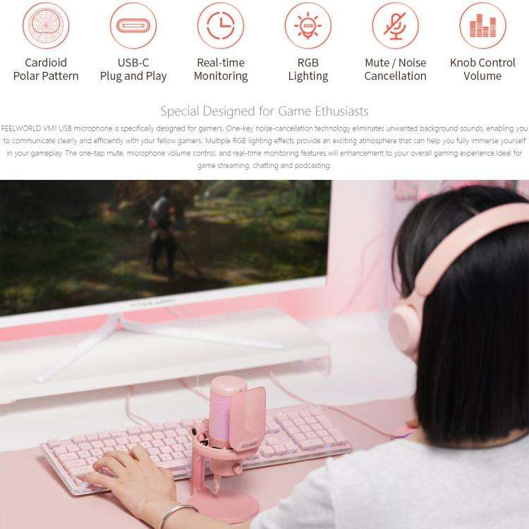FEELWORLD VM1 USB Condenser Gaming Microphone for Streaming Noise Cancellation Mute RGB Light Des...