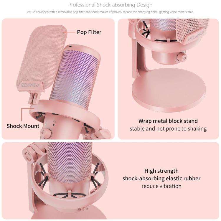 FEELWORLD VM1 USB Condenser Gaming Microphone for Streaming Noise Cancellation Mute RGB Light Des...