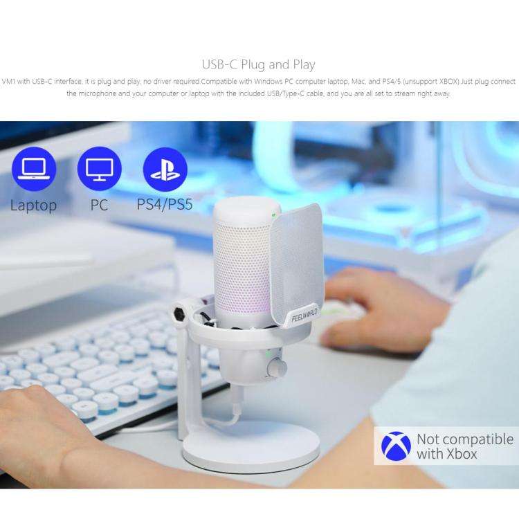 FEELWORLD VM1 USB Condenser Gaming Microphone for Streaming Noise Cancellation Mute RGB Light Des...
