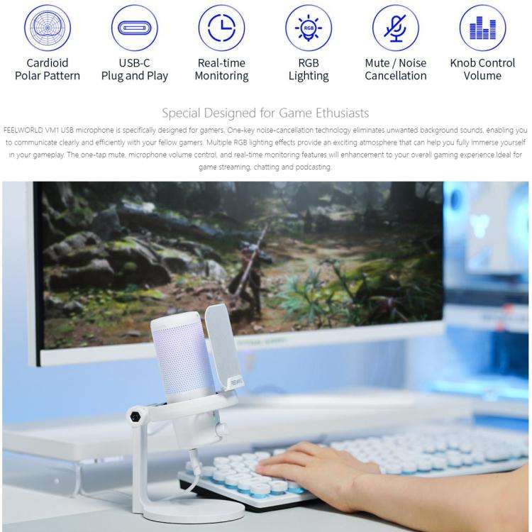 FEELWORLD VM1 USB Condenser Gaming Microphone for Streaming Noise Cancellation Mute RGB Light Des...