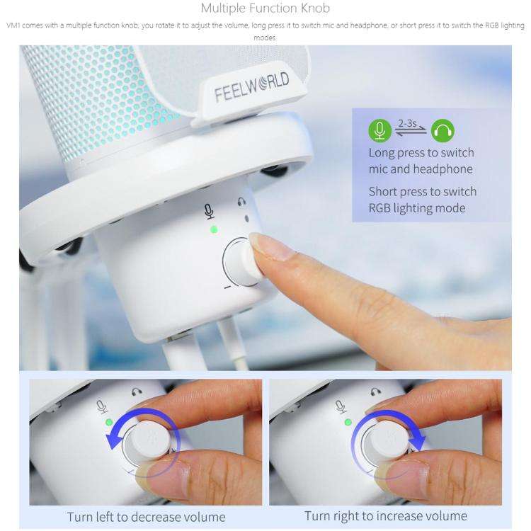 FEELWORLD VM1 USB Condenser Gaming Microphone for Streaming Noise Cancellation Mute RGB Light Des...