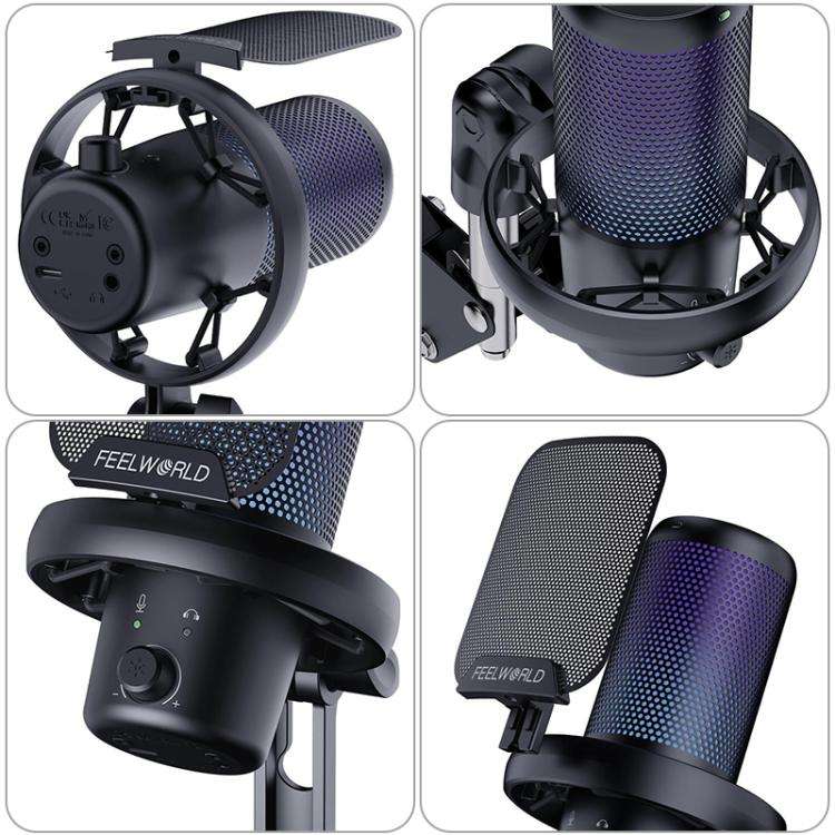 FEELWORLD VM1 USB Condenser Gaming Microphone for Streaming Noise Cancellation Mute RGB Light Boo...