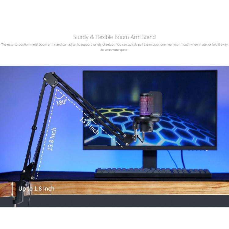FEELWORLD VM1 USB Condenser Gaming Microphone for Streaming Noise Cancellation Mute RGB Light Boo...