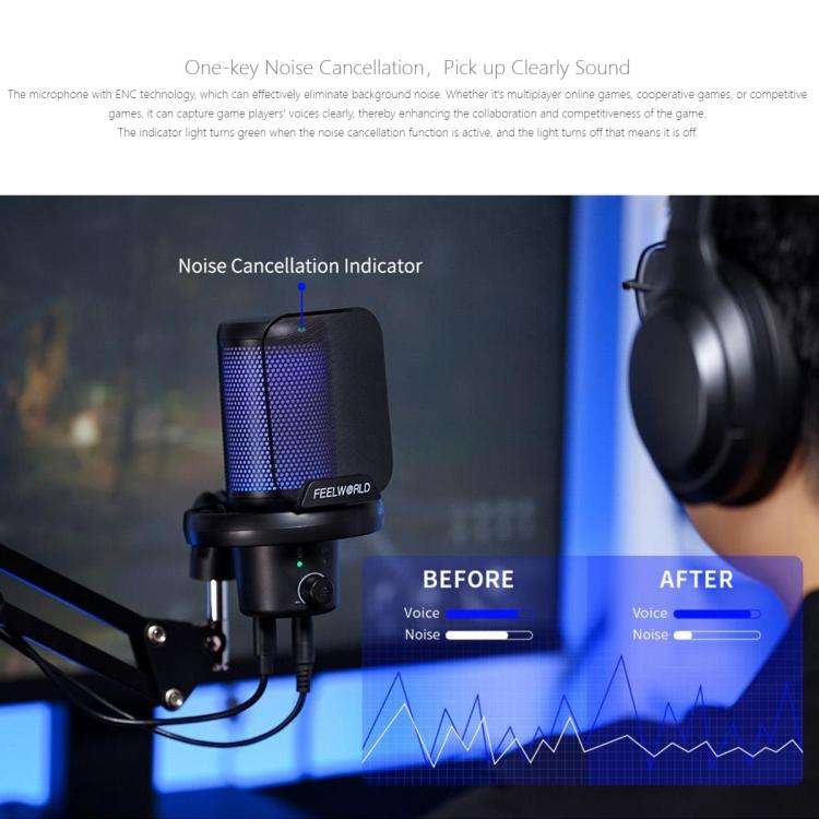 FEELWORLD VM1 USB Condenser Gaming Microphone for Streaming Noise Cancellation Mute RGB Light Boo...