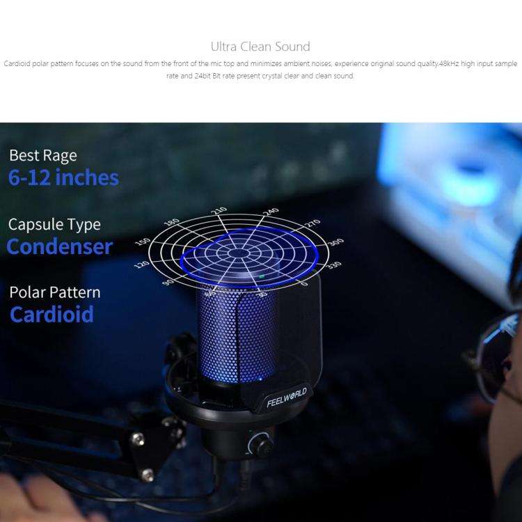 FEELWORLD VM1 USB Condenser Gaming Microphone for Streaming Noise Cancellation Mute RGB Light Boo...