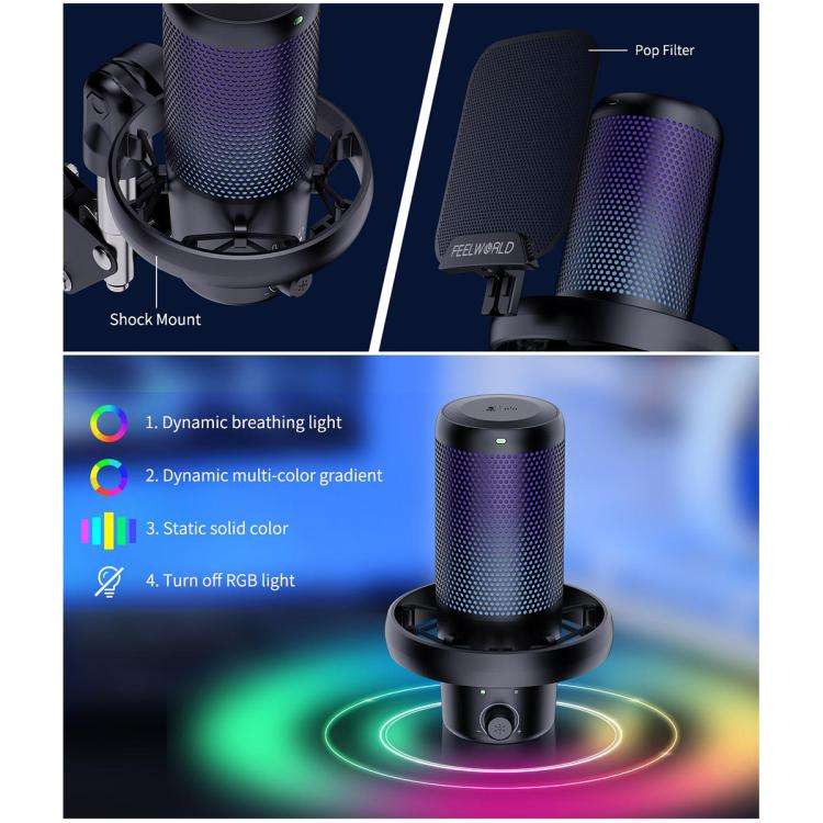 FEELWORLD VM1 USB Condenser Gaming Microphone for Streaming Noise Cancellation Mute RGB Light Boo...