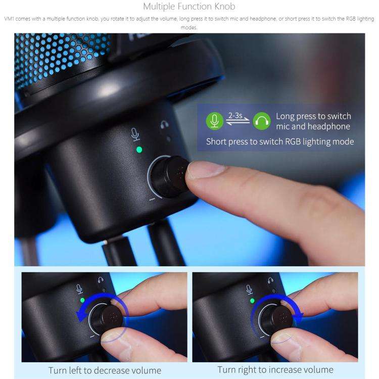 FEELWORLD VM1 USB Condenser Gaming Microphone for Streaming Noise Cancellation Mute RGB Light Boo...