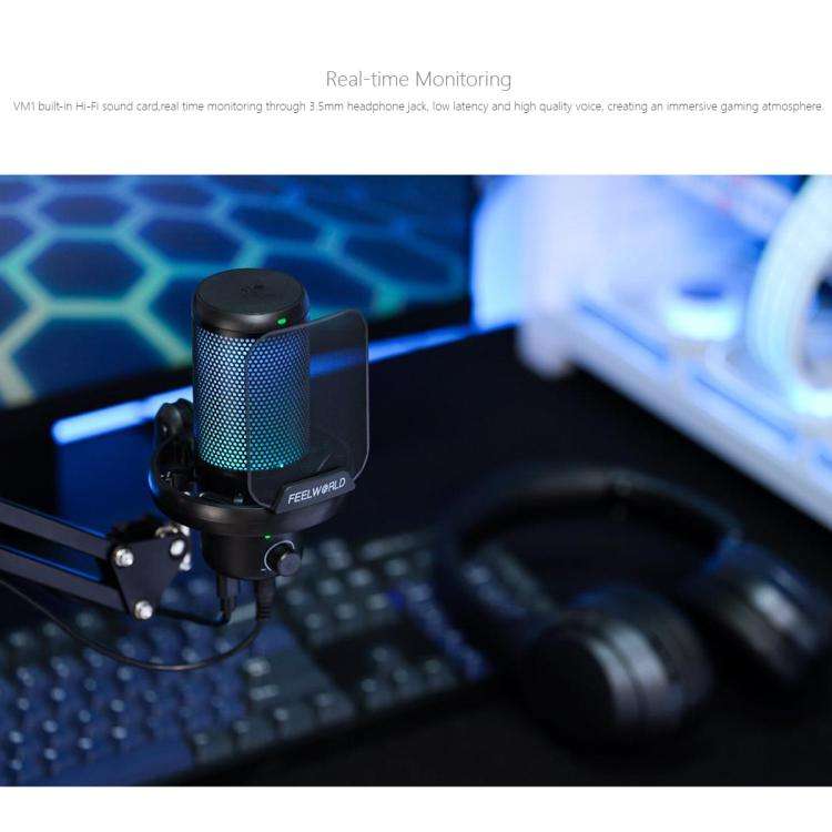 FEELWORLD VM1 USB Condenser Gaming Microphone for Streaming Noise Cancellation Mute RGB Light Boo...