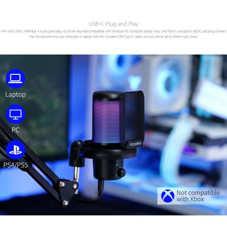 FEELWORLD VM1 USB Condenser Gaming Microphone for Streaming Noise Cancellation Mute RGB Light Boo...