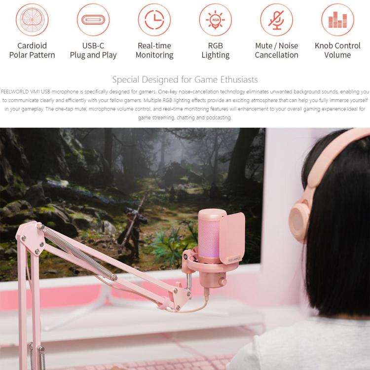 FEELWORLD VM1 USB Condenser Gaming Microphone for Streaming Noise Cancellation Mute RGB Light Boo...