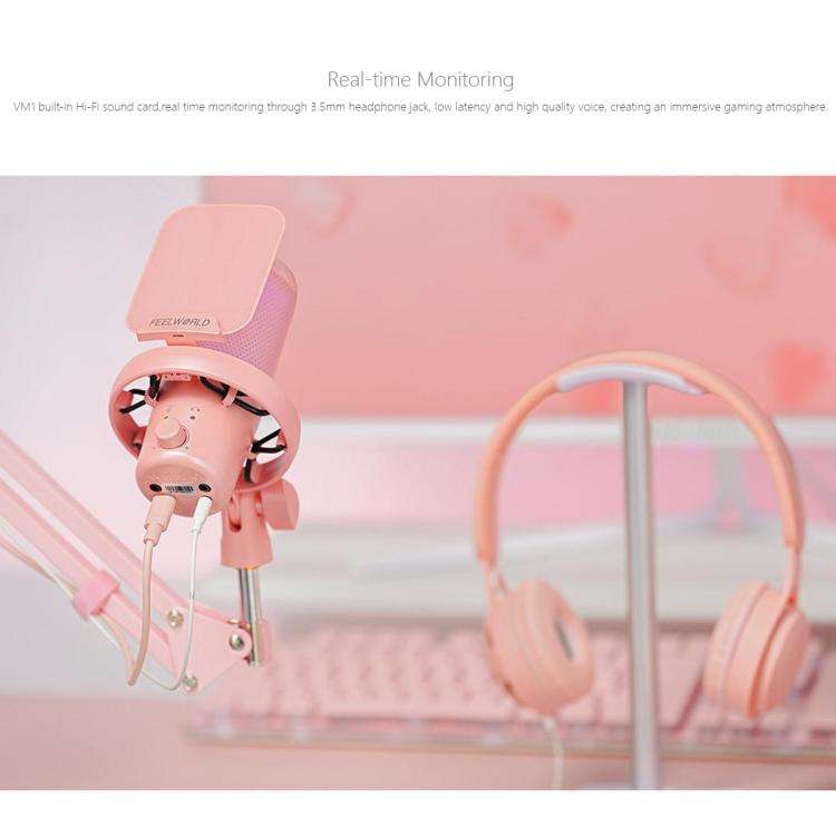 FEELWORLD VM1 USB Condenser Gaming Microphone for Streaming Noise Cancellation Mute RGB Light Boo...