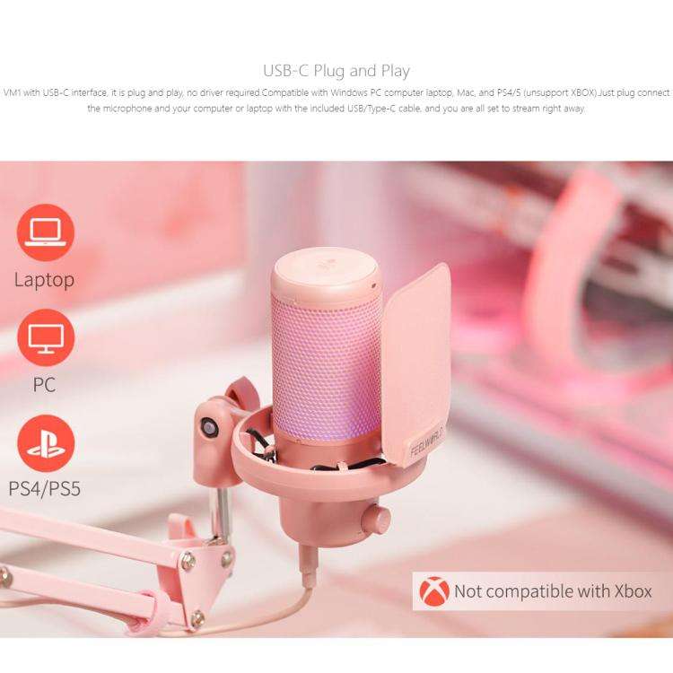 FEELWORLD VM1 USB Condenser Gaming Microphone for Streaming Noise Cancellation Mute RGB Light Boo...