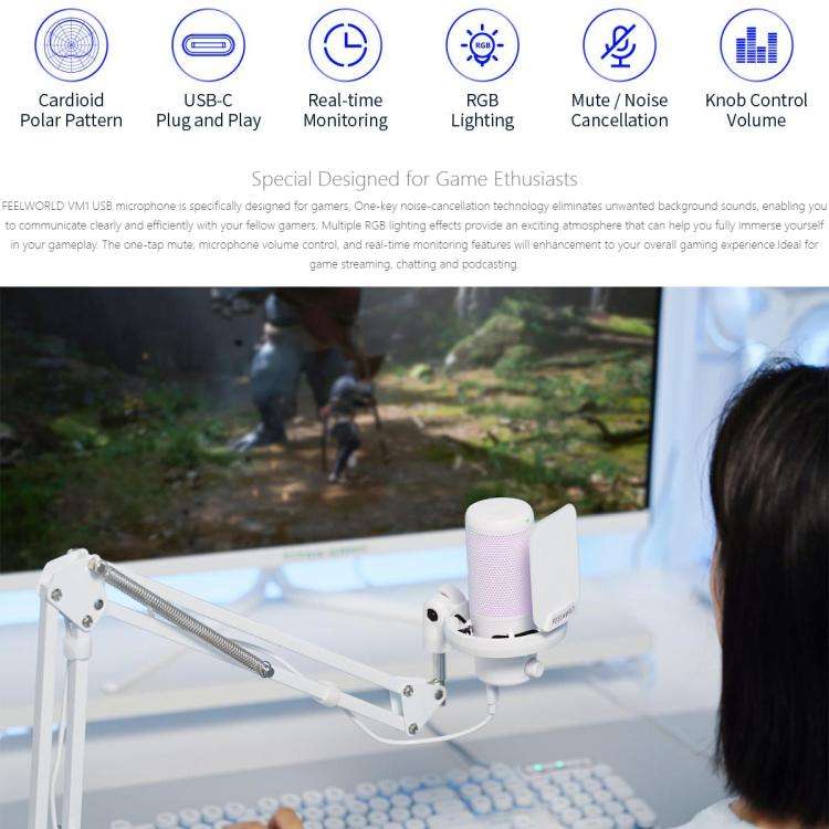 FEELWORLD VM1 USB Condenser Gaming Microphone for Streaming Noise Cancellation Mute RGB Light Boo...