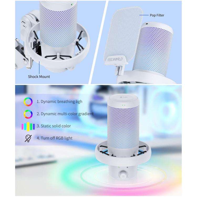 FEELWORLD VM1 USB Condenser Gaming Microphone for Streaming Noise Cancellation Mute RGB Light Boo...
