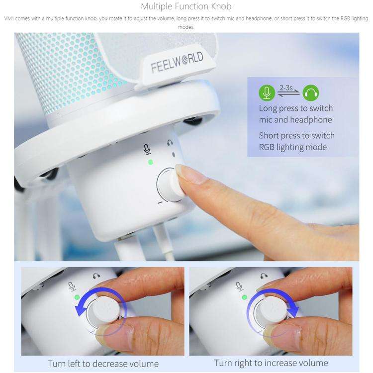 FEELWORLD VM1 USB Condenser Gaming Microphone for Streaming Noise Cancellation Mute RGB Light Boo...