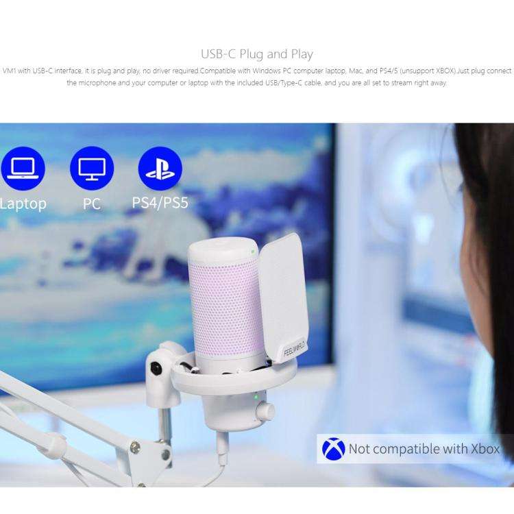 FEELWORLD VM1 USB Condenser Gaming Microphone for Streaming Noise Cancellation Mute RGB Light Boo...