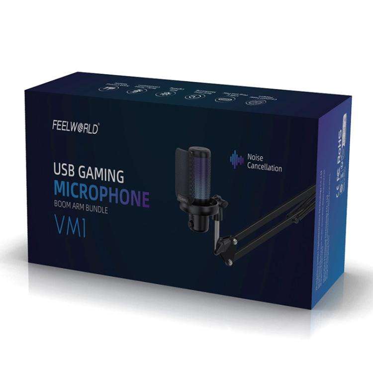FEELWORLD VM1 USB Condenser Gaming Microphone for Streaming Noise Cancellation Mute RGB Light Boo...