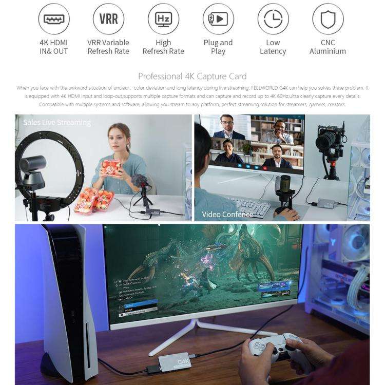 FEEWORLD C4K Video Capture 4K HDMI 60Hz In and Out USB-C Plug and Play for Streaming Gaming Video...