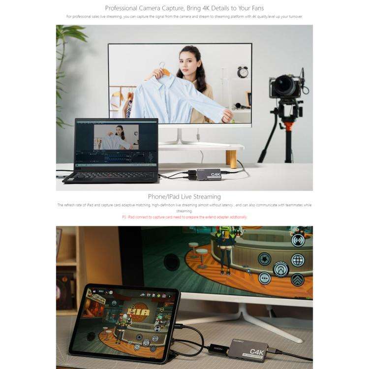 FEEWORLD C4K Video Capture 4K HDMI 60Hz In and Out USB-C Plug and Play for Streaming Gaming Video...
