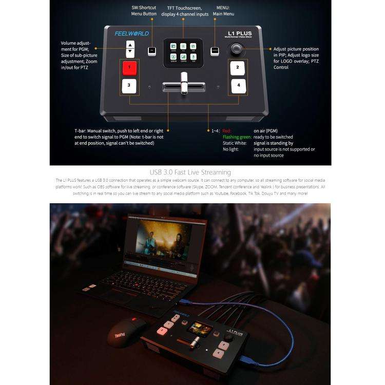 FEELWORLD L1 PLUS Multi-camera Video Mixer Switcher Touch Screen PTZ Control USB3.0 Fast Streamin...