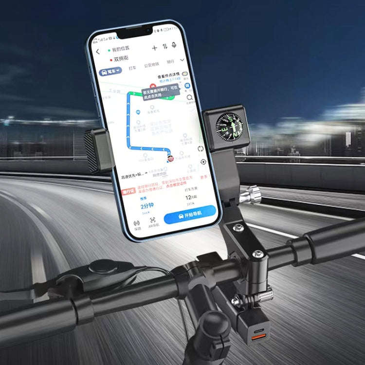 Motorcycle Spherical Compass Phone Holder, Handlebar with Light (Black)