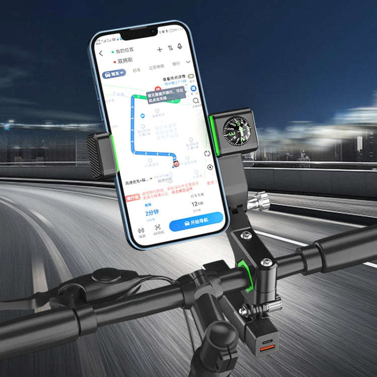 Motorcycle Spherical Compass Phone Holder, Handlebar with Light (Green)