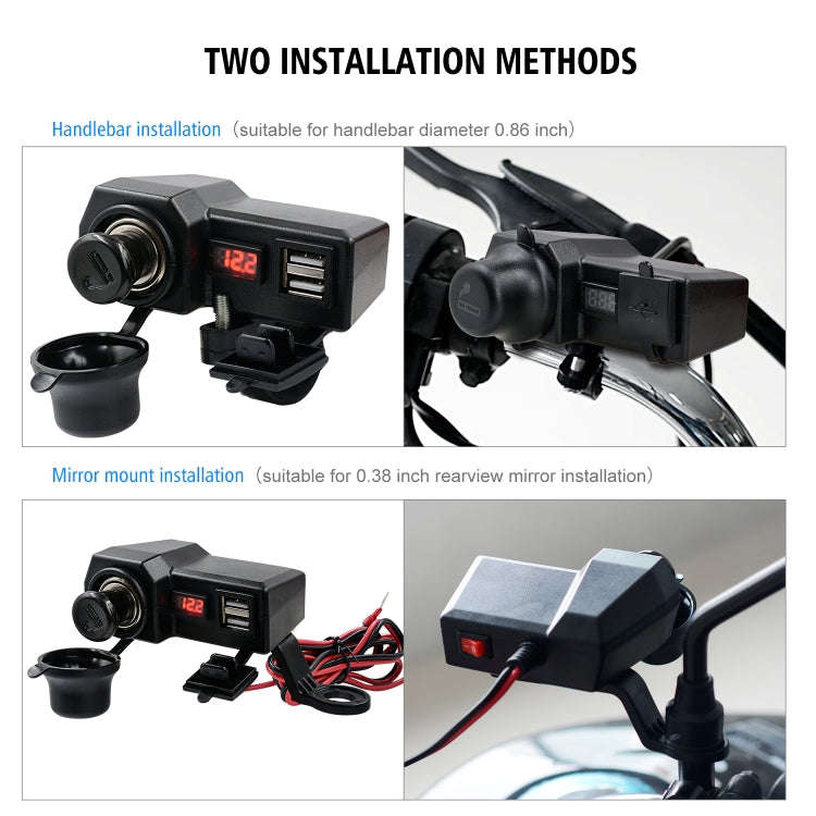 CS-1072B1 Motorcycle Dual USB Charger + Voltmeter with Cigarette Lighter & Cigarette Butts (Black)