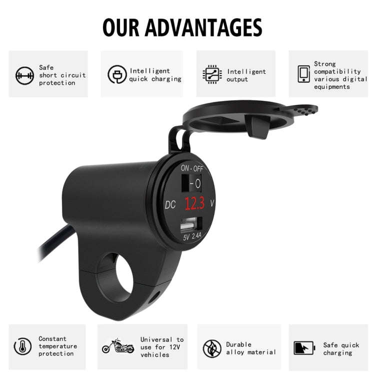 ZH-975B1 Motorcycle Aluminum Alloy Waterproof Mobile Phone Single USB Charger with Red Voltmeter(...