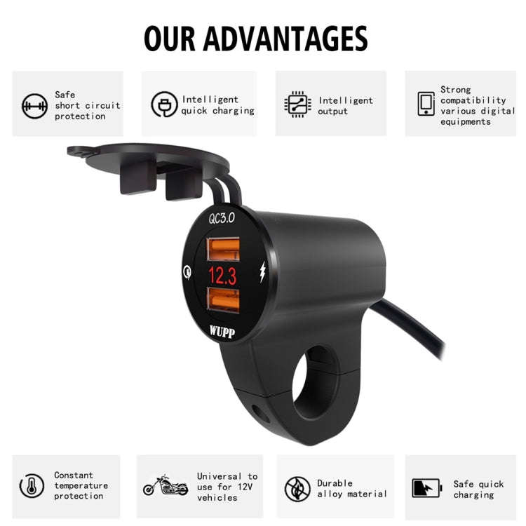 WUPP ZH-975B3 Motorcycle Aluminum Alloy Waterproof Mobile Phone Double QC3.0 Quick Charging Charg...