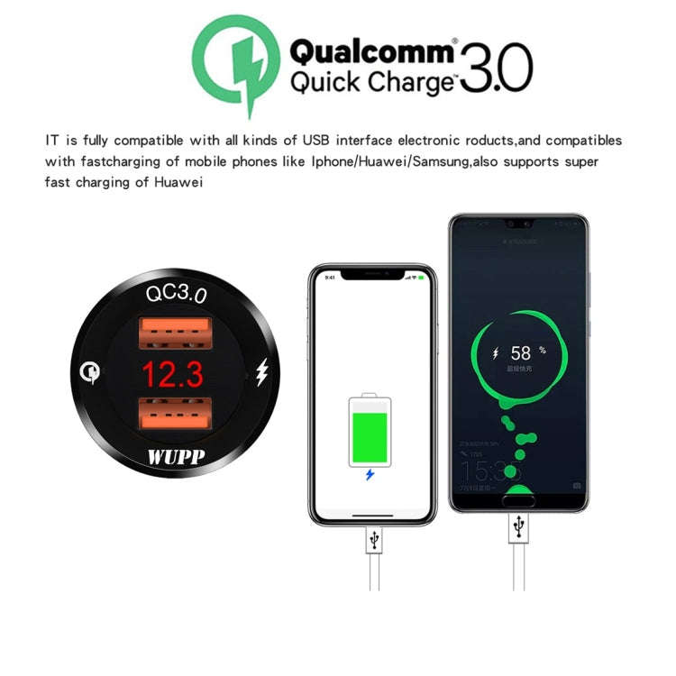 WUPP ZH-975A3 Motorcycle Aluminum Alloy Waterproof Mobile Phone Double QC3.0 Quick Charging Charg...