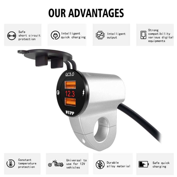 WUPP ZH-975A3 Motorcycle Aluminum Alloy Waterproof Mobile Phone Double QC3.0 Quick Charging Charg...