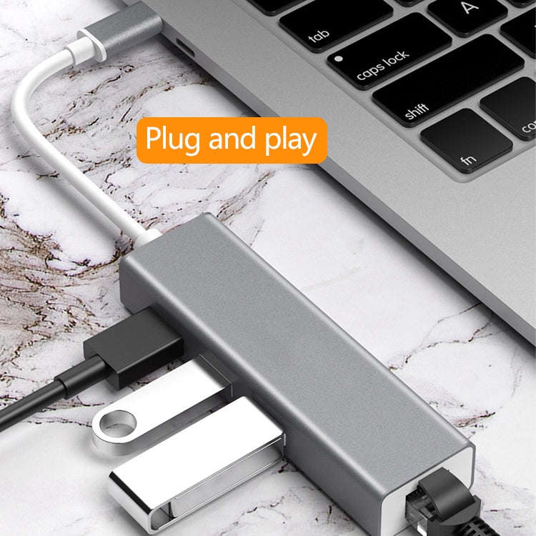 USB-C / Type-C to Fast Ethernet RJ45 & 3 x USB 3.0 Adapter Converter HUB(Grey)