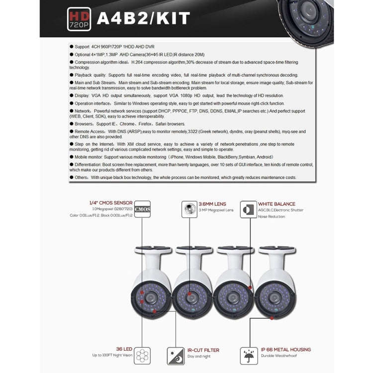 A4B2 4Ch Bullet IP Camera NVR Kit, Support Night Vision / Motion Detection, IR Distance: 20m