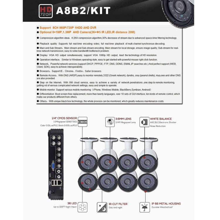 A8B2 8Ch Bullet IP Camera NVR Kit, Support Night Vision / Motion Detection, IR Distance: 20m