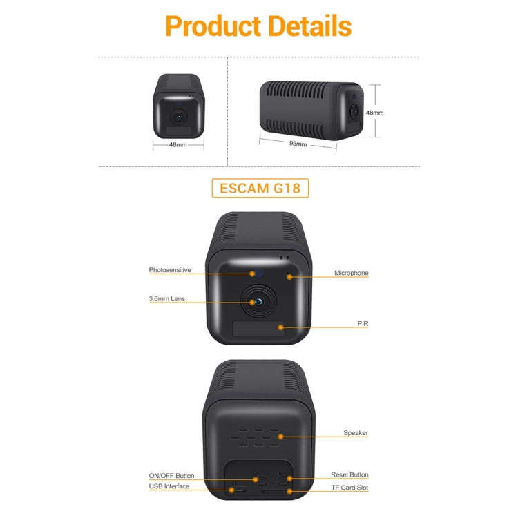 ESCAM G18 1080P Full HD Rechargeable Battery WiFi IP Camera, Support Night Vision / PIR Motion De...