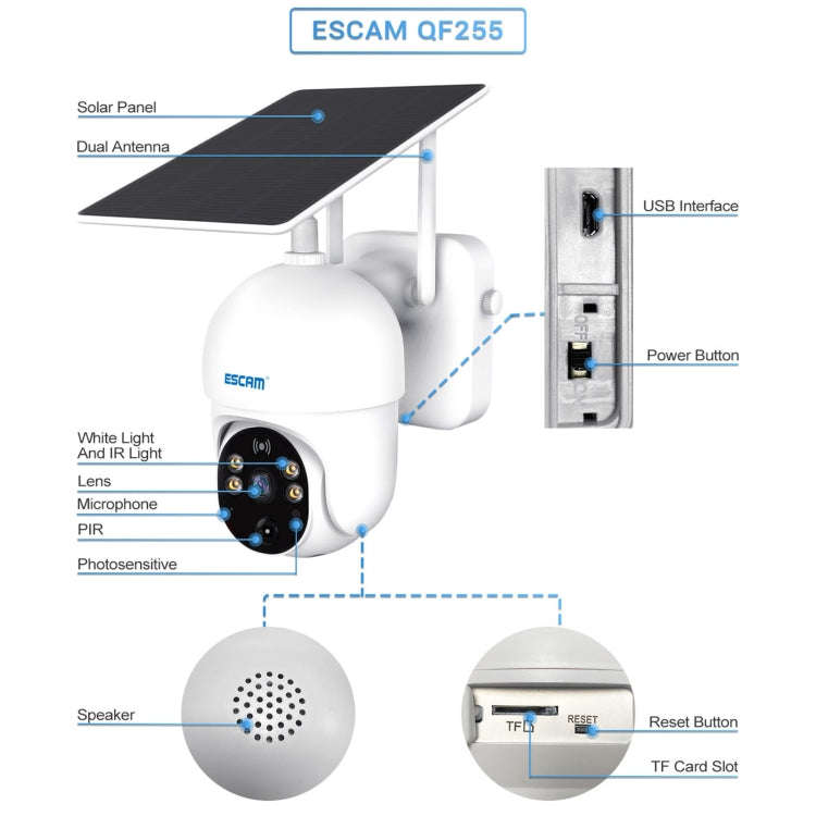 ESCAM QF255 2.0 Million Pixels 1080P HD WiFi Solar Camera, Support Two-way Voice & PIR Motion Det...