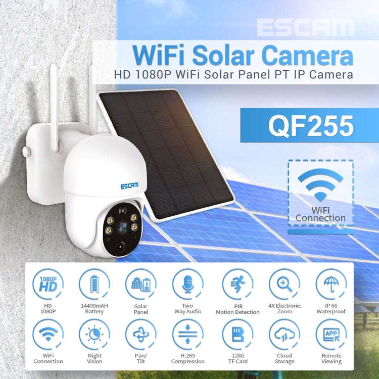 ESCAM QF255 2.0 Million Pixels 1080P HD WiFi Solar Camera, Support Two-way Voice & PIR Motion Det...