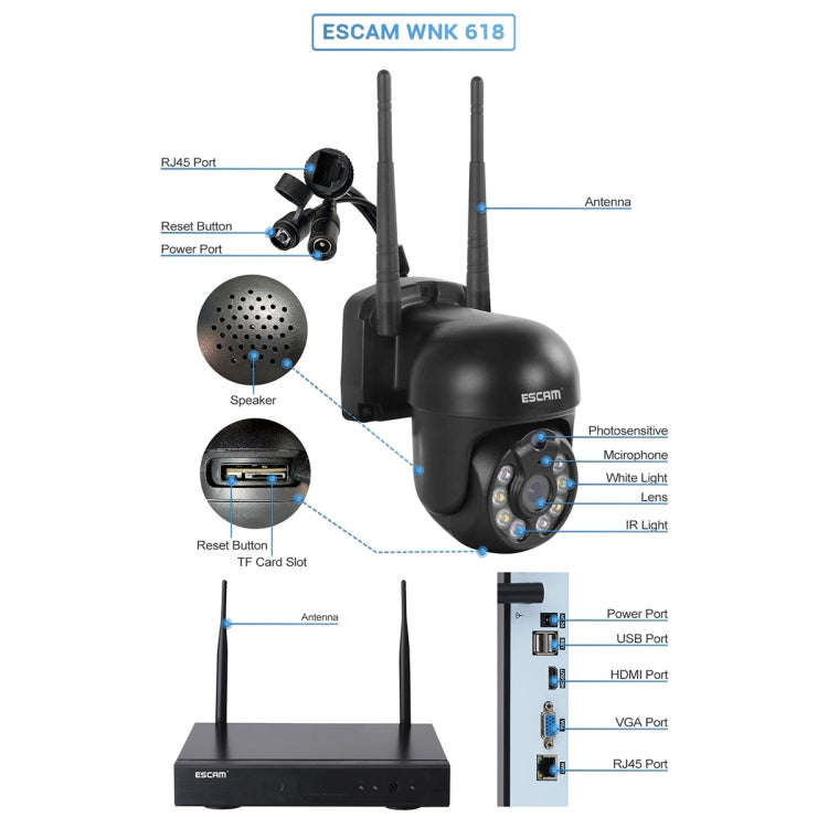 ESCAM WNK618 3.0 Million Pixels 8-channel Wireless Dome Camera HD NVR Security System, Support Mo...