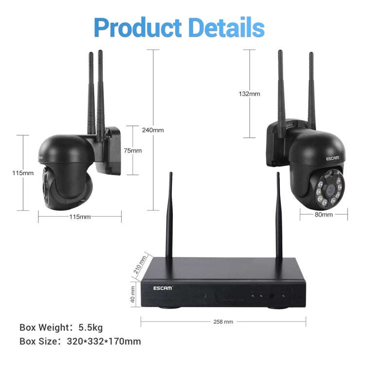 ESCAM WNK618 3.0 Million Pixels 8-channel Wireless Dome Camera HD NVR Security System, Support Mo...