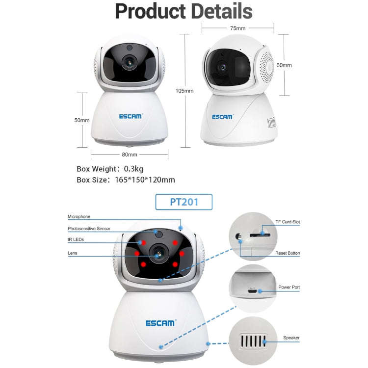 ESCAM PT201 HD 1080P Dual-band WiFi IP Camera, Support Night Vision / Motion Detection / Auto Tra...