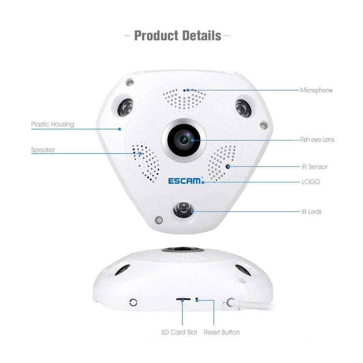 ESCAM Shark QP180 960P 360 Degrees Fisheye Lens 1.3MP WiFi IP Camera, Support Motion Detection / ...