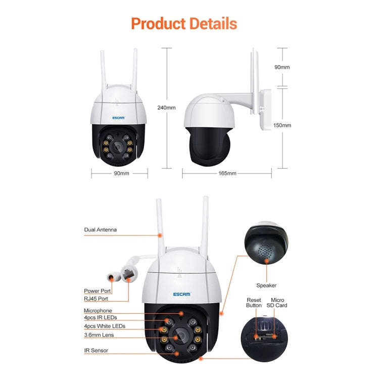 ESCAM QF218 1080P Pan / Tilt AI Humanoid Detection IP66 Waterproof WiFi IP Camera, Support ONVIF ...