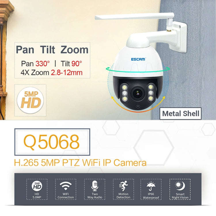 ESCAM Q5068 H.265 5MP Pan / Tilt / 4X Zoom WiFi Waterproof IP Camera, Support ONVIF Two Way Talk ...