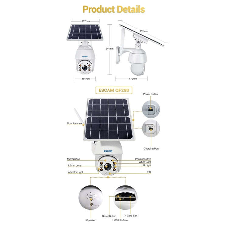 ESCAM QF280 HD 1080P IP66 Waterproof WiFi Solar Panel PT IP Camera with Battery, Support Night Vi...