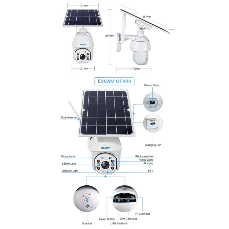 ESCAM QF480 EU Version HD 1080P IP66 Waterproof 4G Solar Panel PT IP Camera with Battery, Support...