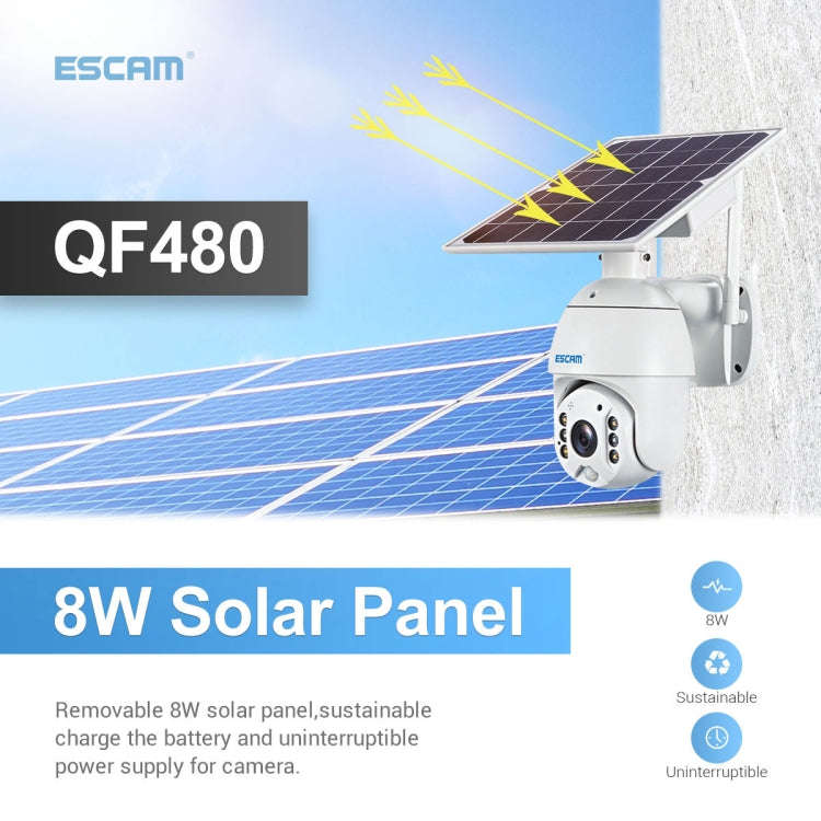 ESCAM QF480 EU Version HD 1080P IP66 Waterproof 4G Solar Panel PT IP Camera with Battery, Support...