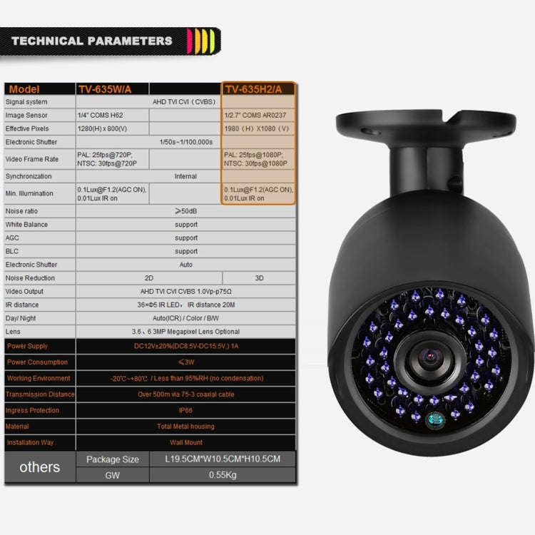TV-635H2/A IP66 Waterproof 1920x1080P AHD Camera, 1/2.7 inch 2MP CMOS Sensor Lens, Motion Detecti...