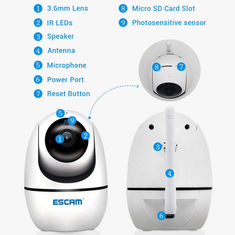 ESCAM PVR008 HD 1080P WiFi IP Camera, Support Motion Detection / Night Vision, IR Distance: 10m, ...