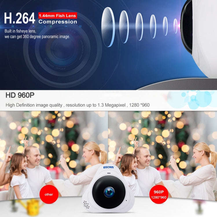 ESCAM Q8 960P 360 Degrees Fisheye Lens 1.3MP WiFi IP Camera, Support Motion Detection / Night Vis...
